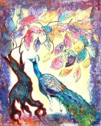 forest tapestry (peacock) acrylic 18 x 16in