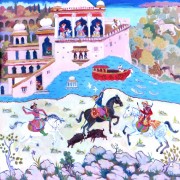 The Boar Hunt, Bundi Palace, Rajasthan 36 x 36in acrylic