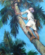 harvesting coconuts Kerala acrylic 12 x 10in